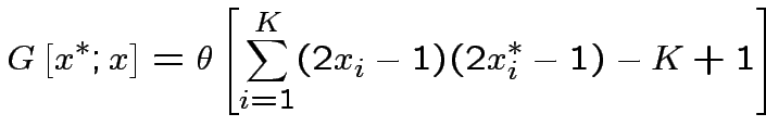 $\displaystyle G\left[x^{*};x\right]=\theta\left[\sum^{K}_{i=1}(2x_{i}-1)(2x^{*}_{i}-1)-K+1\right]
$