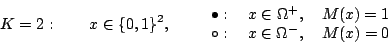 \begin{displaymath}
K=2:\qquad x\in\{0,1\}^{2},\qquad
\begin{array}{c}
\bull...
...=1 \\
\circ:\quad x\in\Omega^{-},\quad M(x)=0
\end{array}
\end{displaymath}